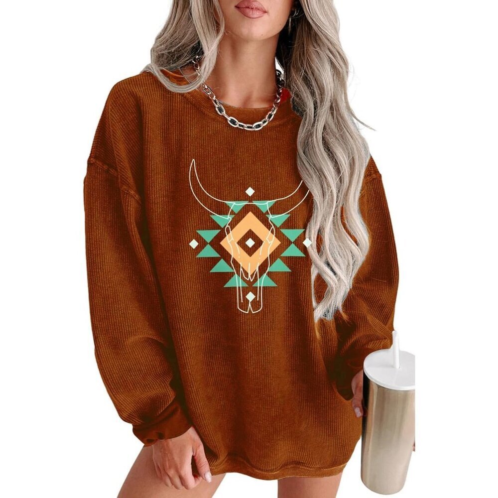 Women Dark Brown Cowgirl Rodeo Western Country Concert Boho Cow Skull Sweatshirt